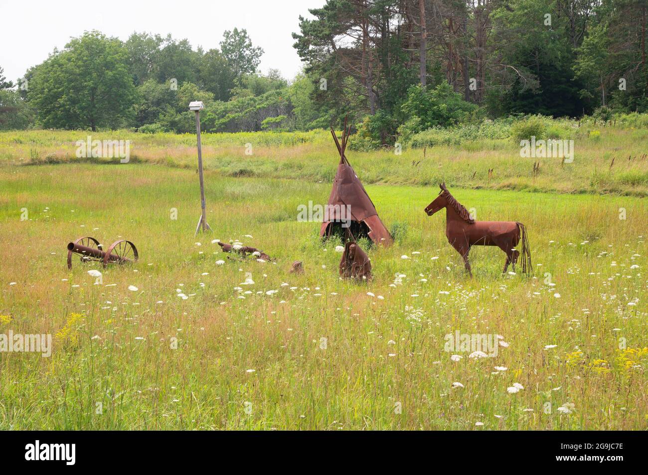 A display of metal art in a field of a Maine home. Near Port Clyde