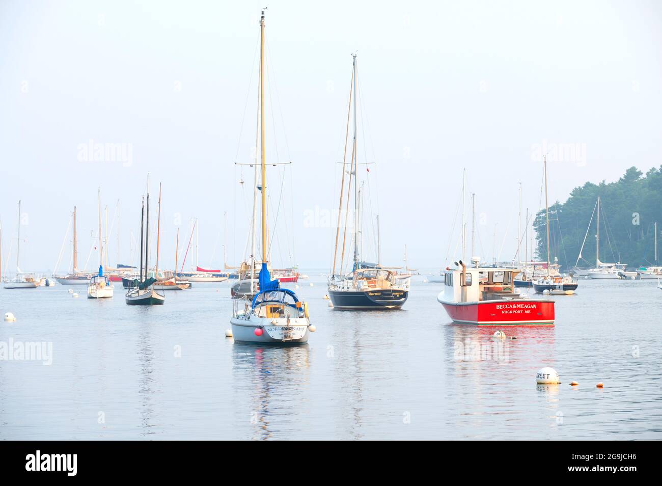 An overview of Rockport Harbor, Rockport,  Maine, USA on a summer evening Stock Photo