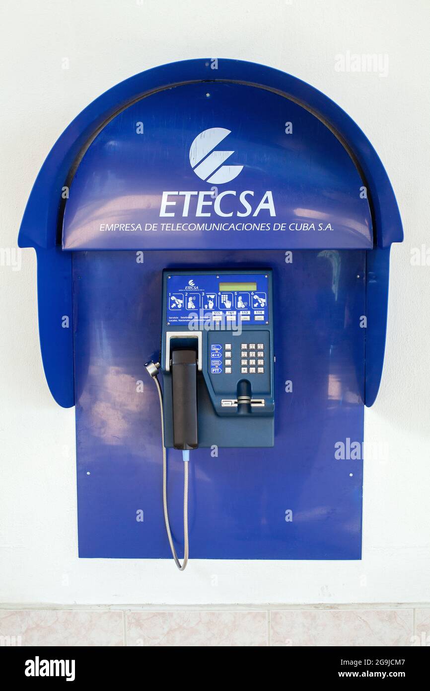 Cuban Public Pay Phone Booth From ETECSA (Empresa De Telecomunicaciones De Cuba S.A.) In Varadero Airport Cuba Stock Photo