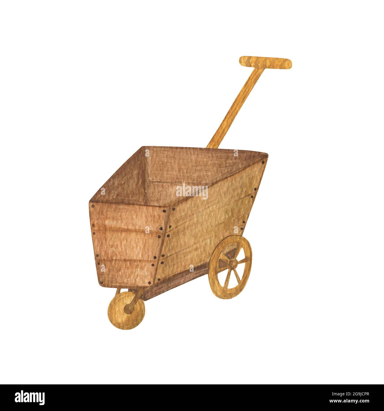 Wooden garden cart, farmer old-fashioned equipment for harvest time season, hand painted clipart perfect for Thanksgiving decor, autumn holiday greeting card, invitation, poster Stock Photo