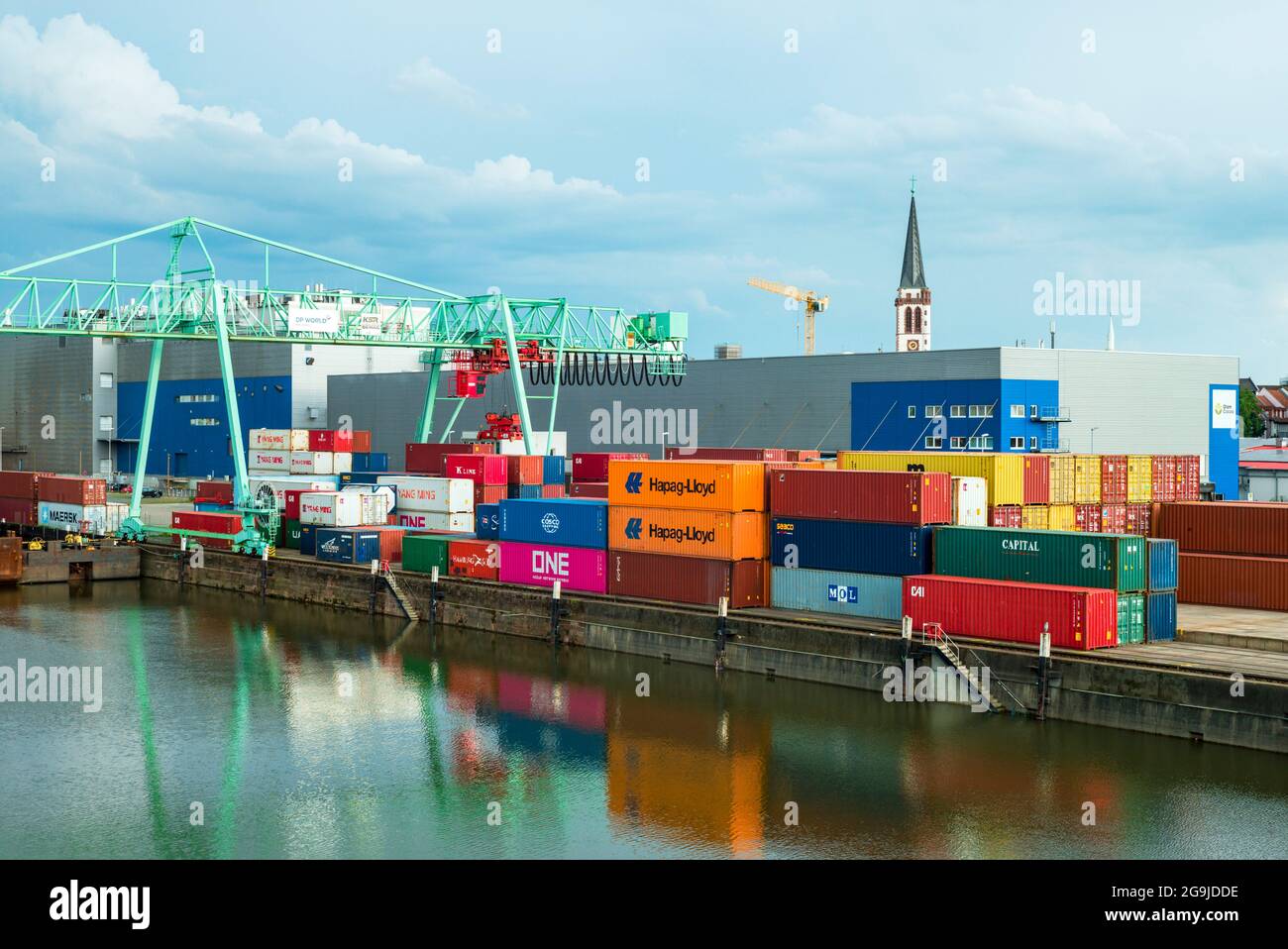 Mannheim, Germany: Neckar river with container terminal Stock Photo