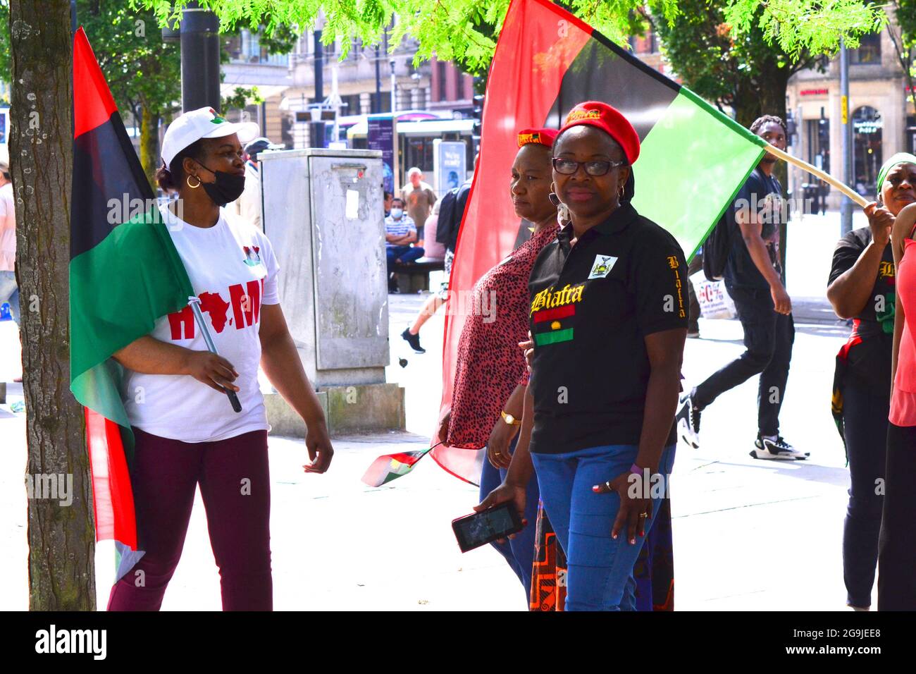 A small demonstration for a free Biafra and to stop the killings in Biafra in West Africa, Nigeria, taking place in city centre Manchester, England, United Kingdom, July 26th, 2021. Stock Photo