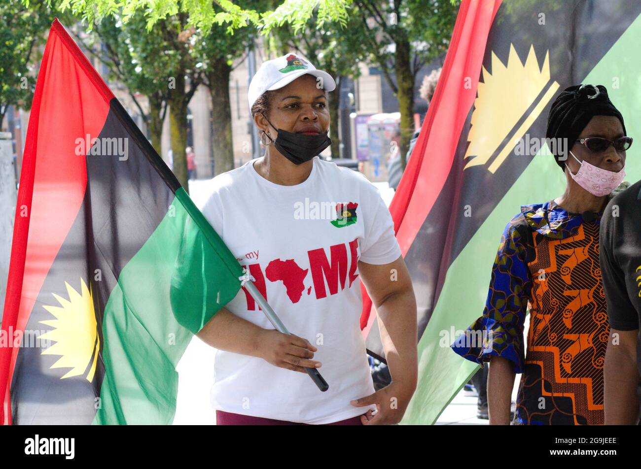 A small demonstration for a free Biafra and to stop the killings in Biafra in West Africa, Nigeria, taking place in city centre Manchester, England, United Kingdom, July 26th, 2021. Stock Photo