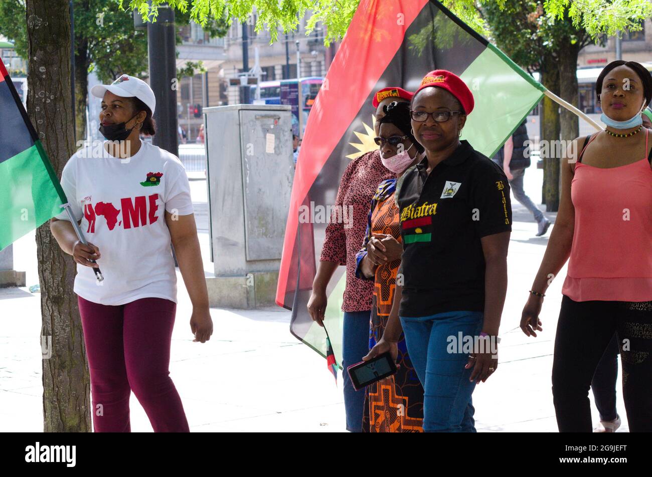 A small demonstration for a free Biafra and to stop the killings in Biafra in West Africa, Nigeria, taking place in city centre Manchester, England, United Kingdom, July 26th, 2021. Stock Photo