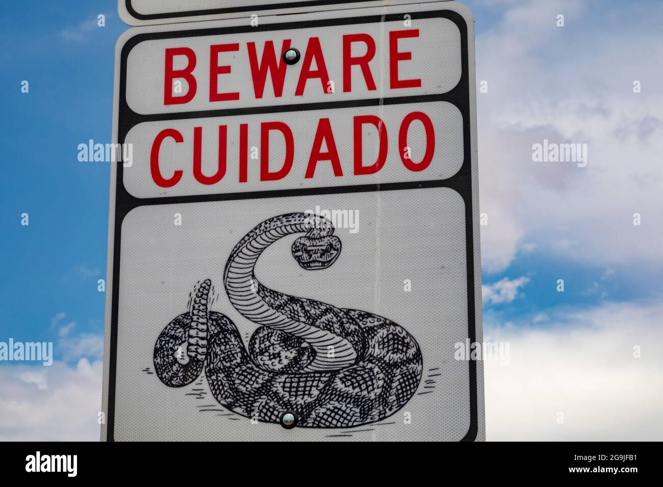 San Antonio, New Mexico - A sign at a rest stop on Interstate 25 warns travelers to beware of rattlesnakes. Stock Photo