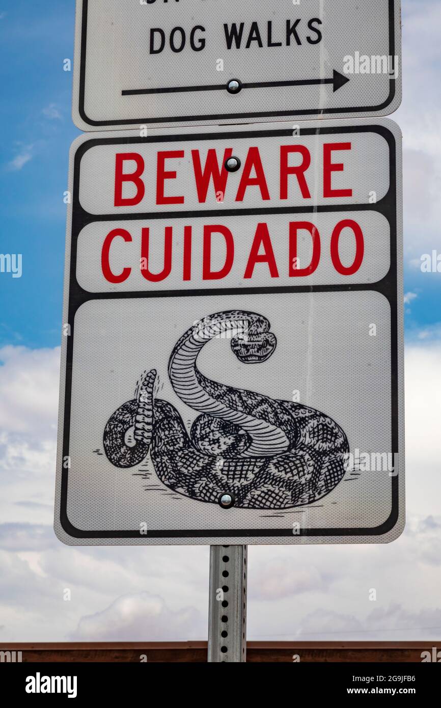 San Antonio, New Mexico - A sign at a rest stop on Interstate 25 warns travelers to beware of rattlesnakes. Stock Photo