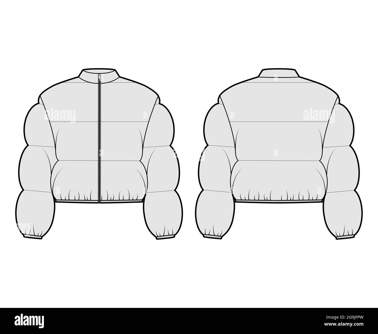 Down puffer jacket coat technical fashion illustration with long sleeves,  stand collar, zip-up closure, boxy