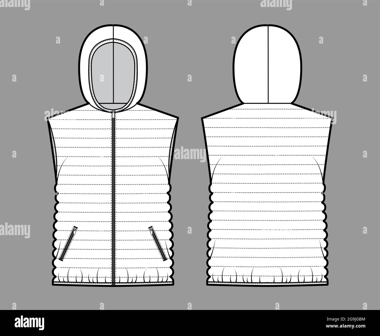 Down vest puffer waistcoat technical fashion illustration with ...