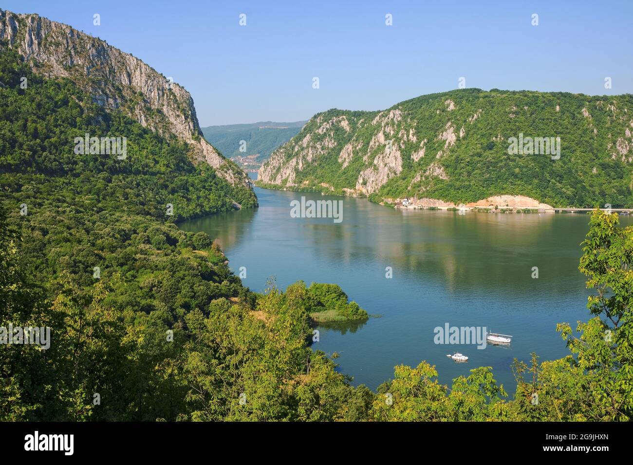 Danube River romanian coast from Iron Gate National Park, Serbia Stock