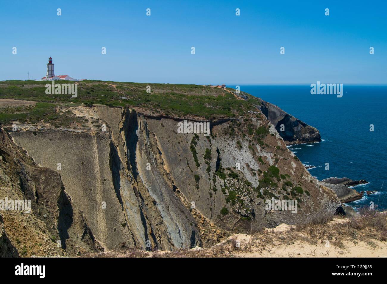 Cabo Espichel is a cape situated on the western coast of the civil parish of Castelo, municipality of Sesimbra, in the Portuguese district of Setúbal. Stock Photo