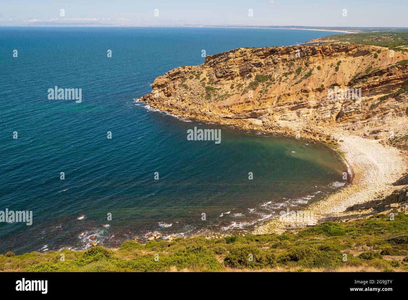 Cabo Espichel is a cape situated on the western coast of the civil parish of Castelo, municipality of Sesimbra, in the Portuguese district of Setúbal. Stock Photo