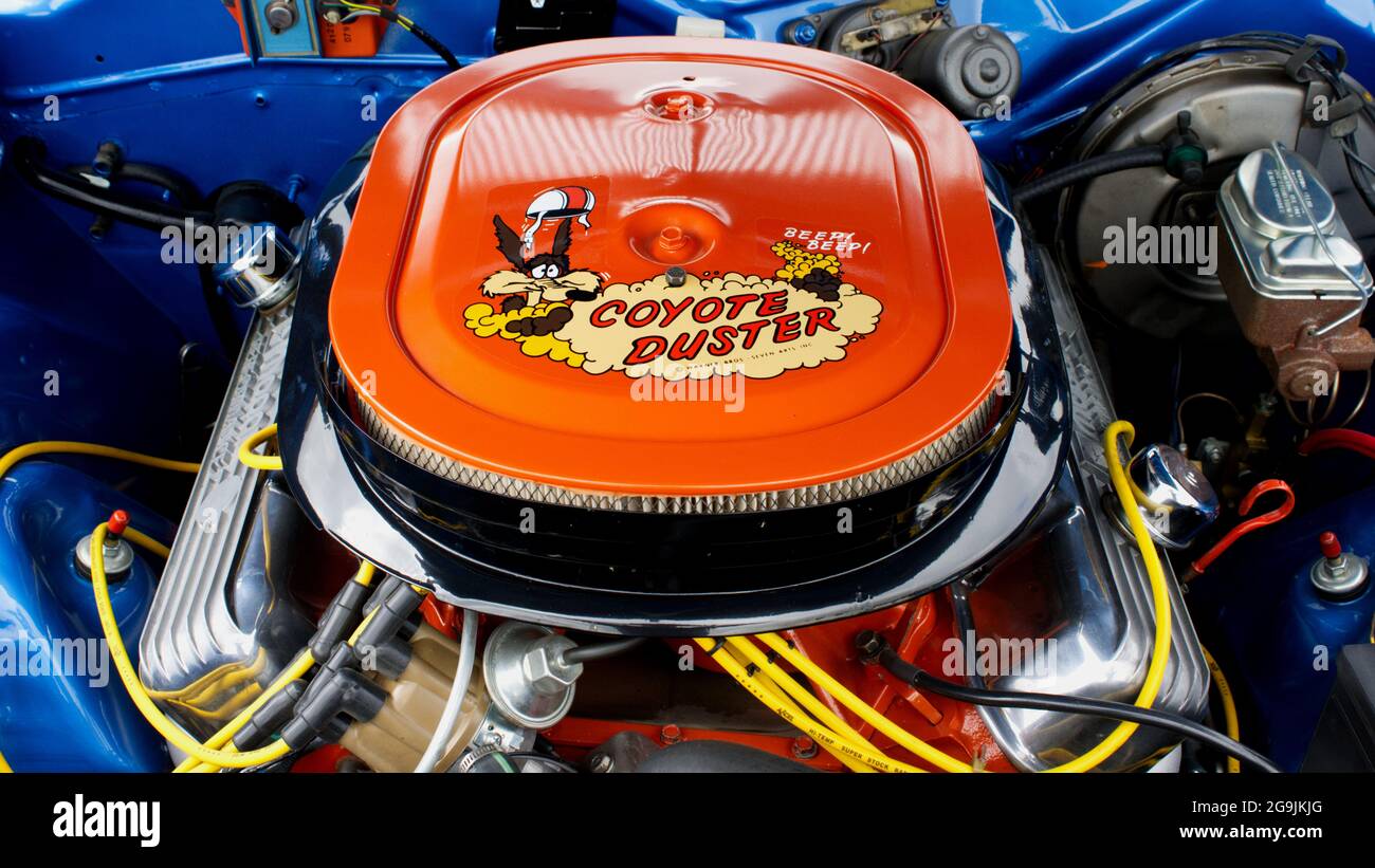 A Detailed Engine Compartment in a Plymouth Roadrunner Stock Photo