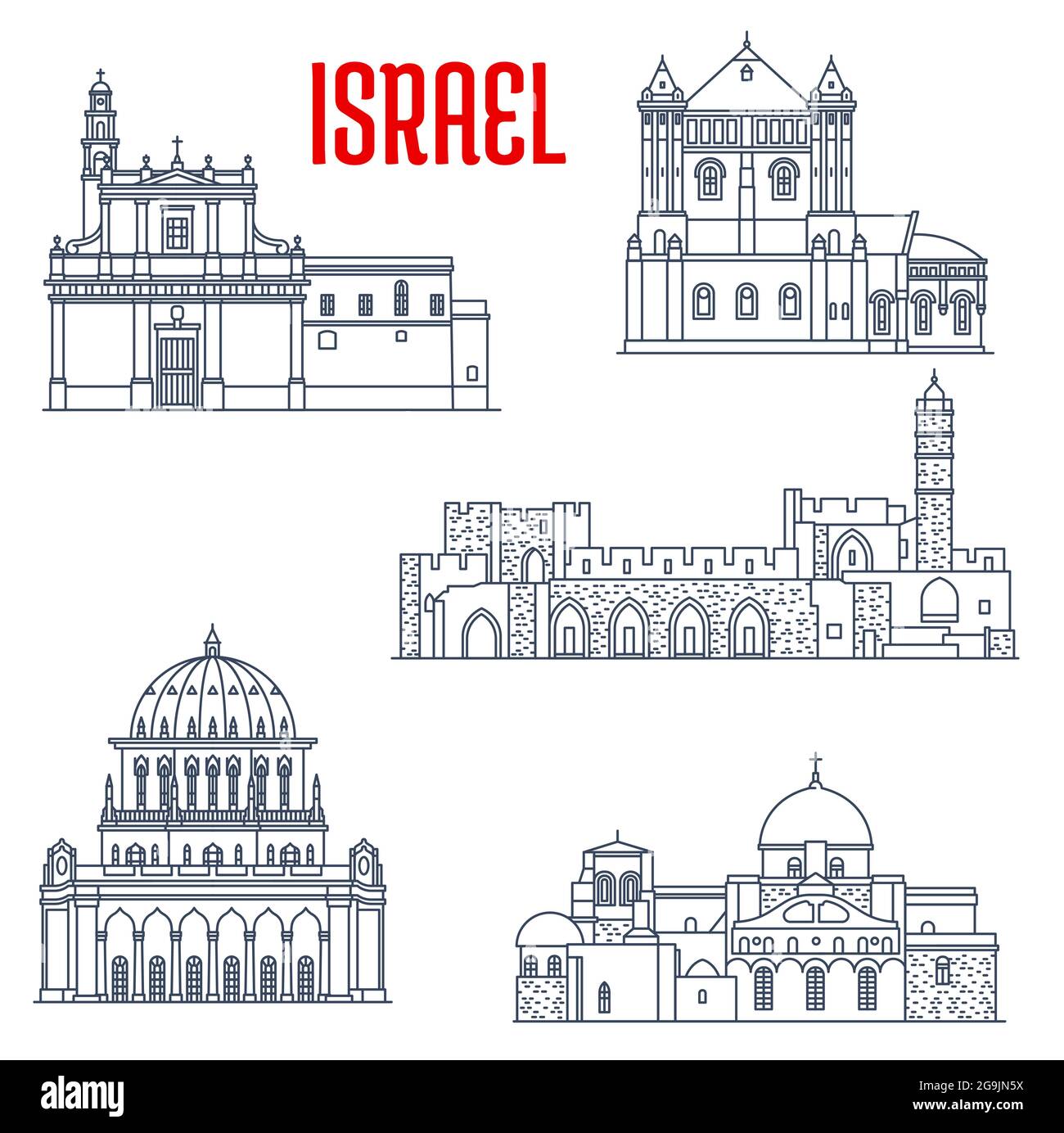 Israel landmarks and architecture, churches and temples buildings, vector icons. Israel sightseeing David Citadel, Church of Sepulchre of Saint Mary, Stock Vector