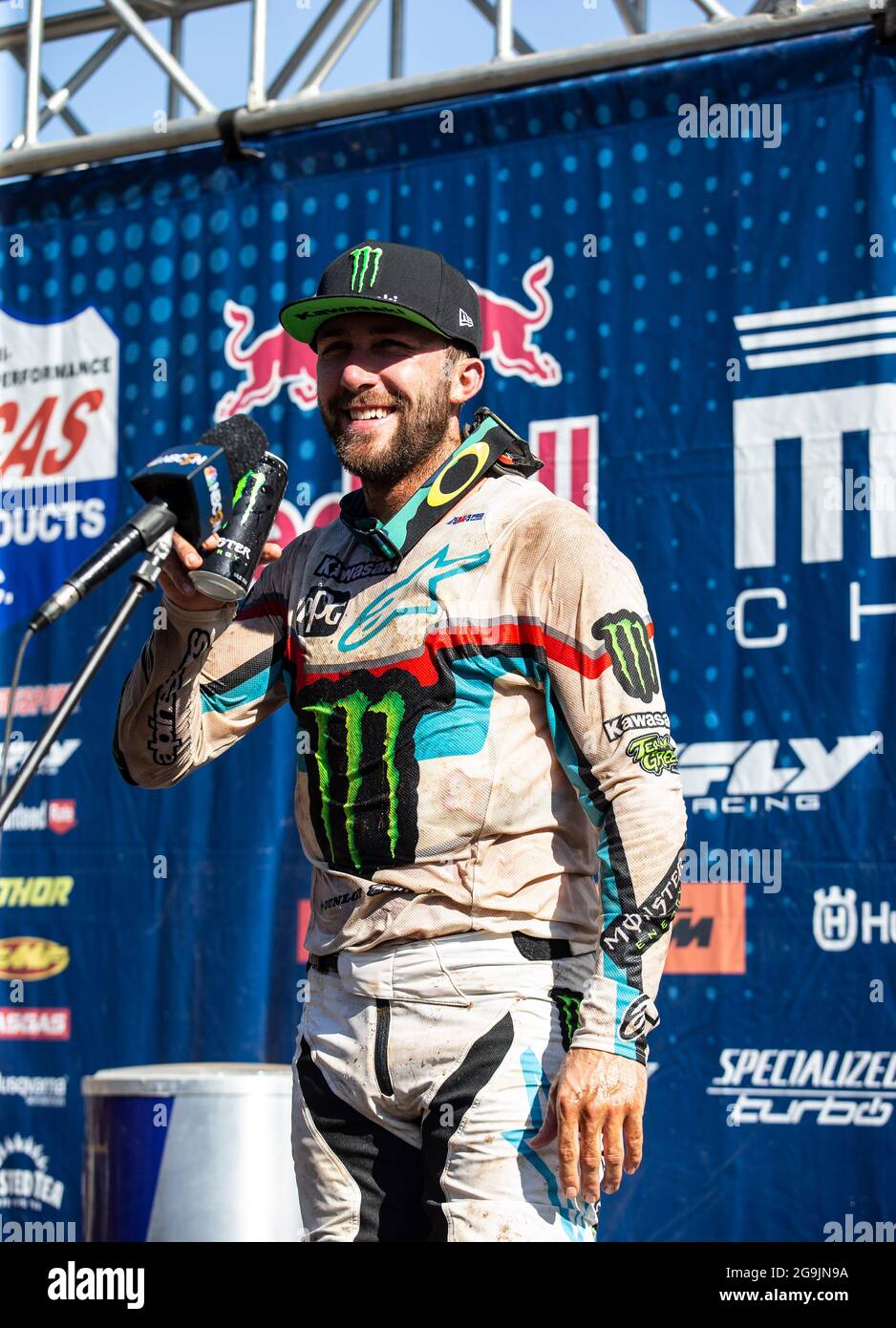 JUL 24 2021 Washougal, WA USA Monster Energy Kawasaki Eli Tomac(3) celebrate his 2rd place win on the podium after the Lucas Oil Pro Motocross Washougal 450 championship at Washougal MX park Washougal, WA Thurman James/CSM Stock Photo