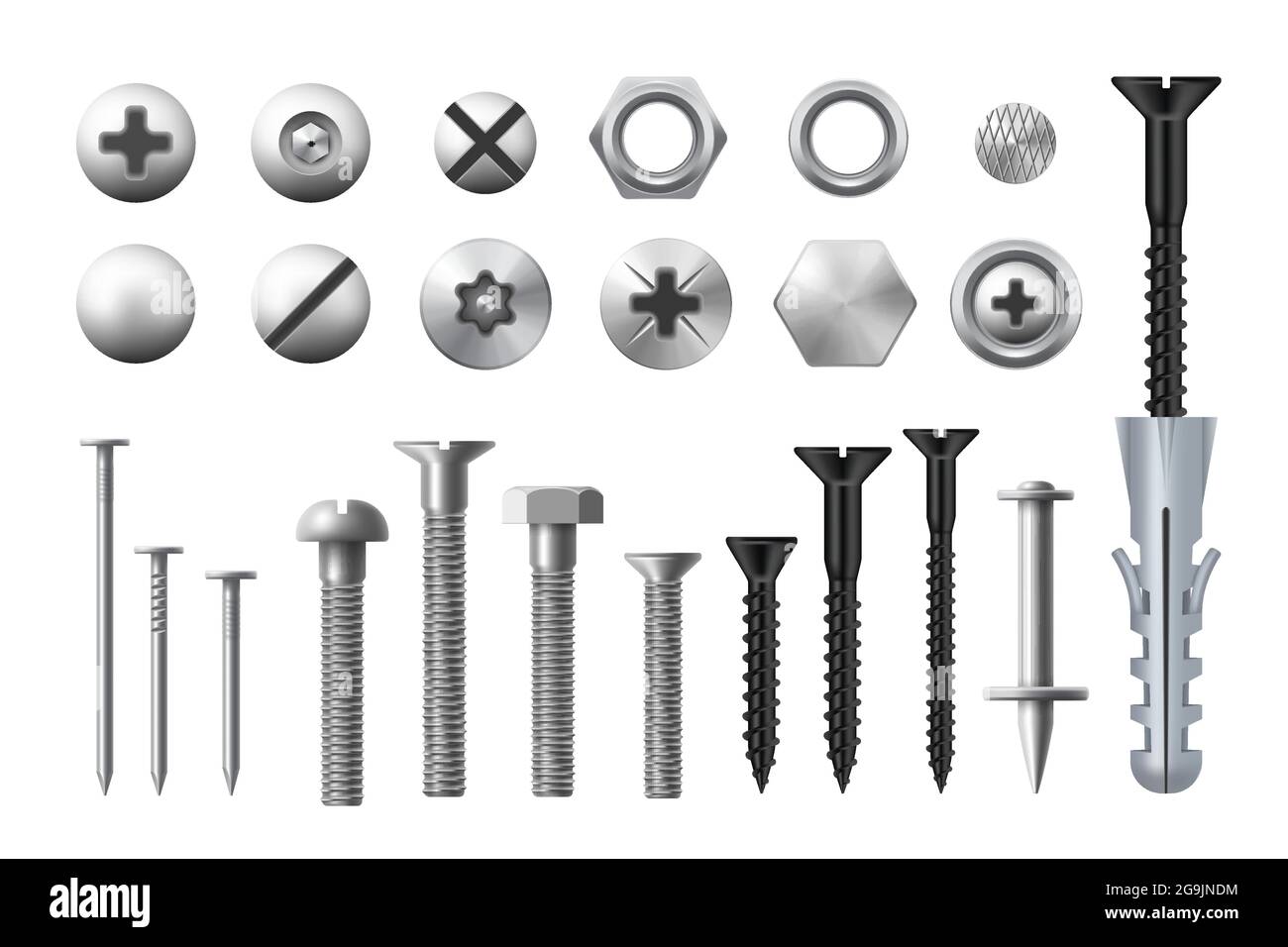 Metal bolts, screws, nuts and nails. Realistic vector metal fasteners