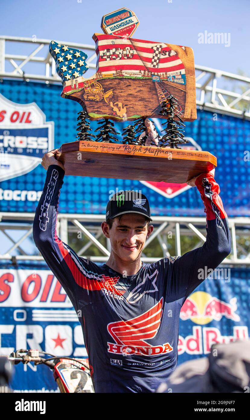 JUL 24 2021 Washougal, WA USA Team Honda HRC Chase Sexton (23) celebrate his 1st place win on the podium after the Lucas Oil Pro Motocross Washougal 450 championship at Washougal MX park Washougal, WA Thurman James/CSM Stock Photo