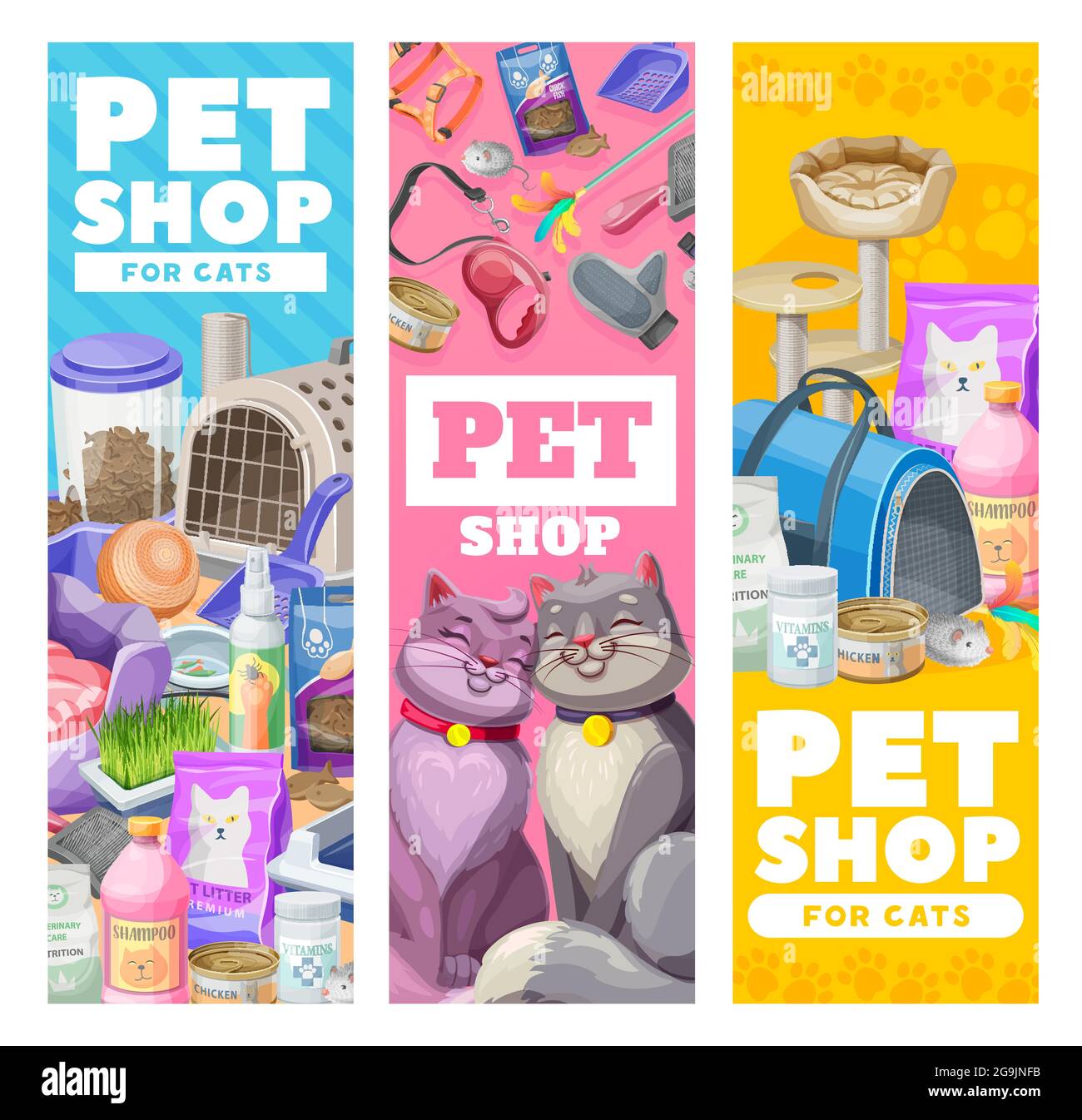 Pet care banners, cat care items and toys. Vector zoo shop goods for