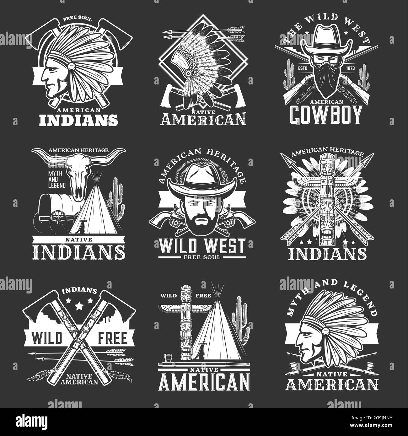 Wild West icons and western symbols of isolated vector cowboy, sheriff and native american chief