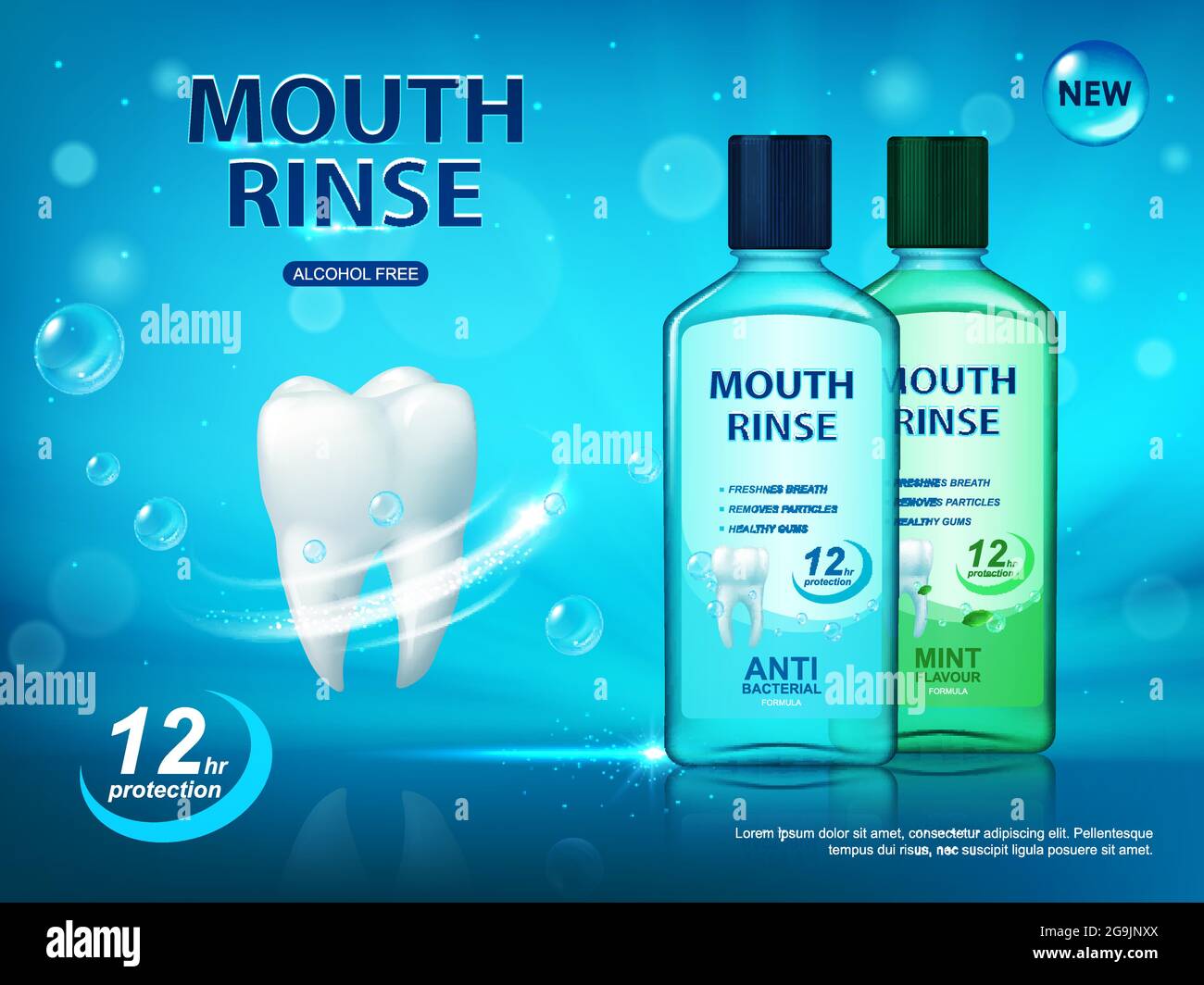Mouth rinse, dental hygiene poster, vector ad for teeth and oral cavity