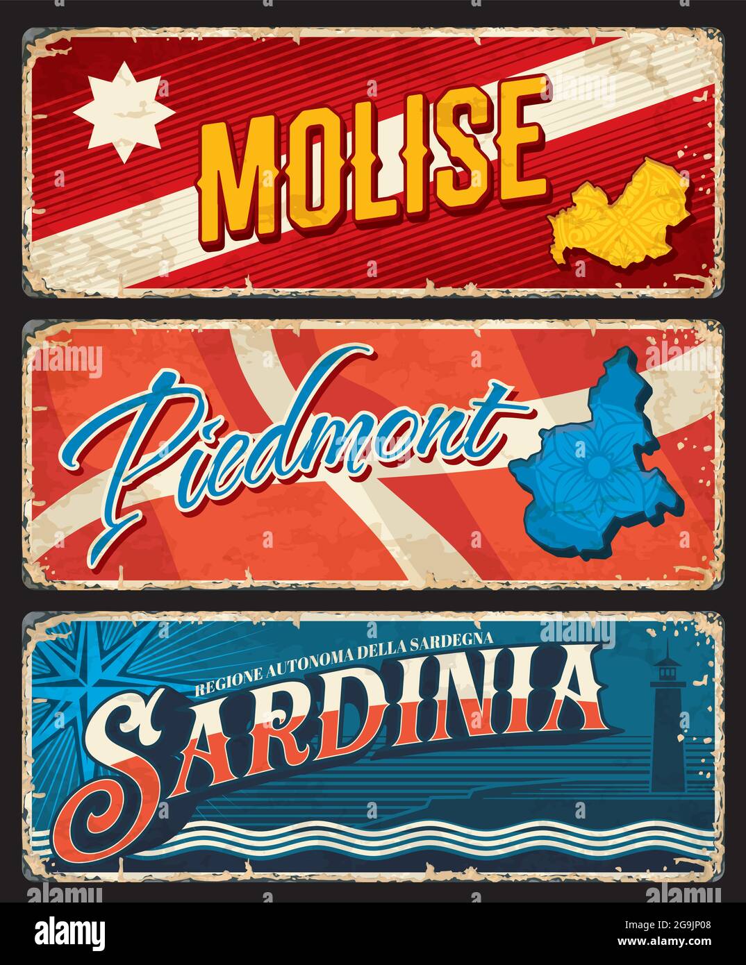 Molise, Piedmont and Sardinia Italy regions rusty plates. Italian regions shabby tin signs, grungy plates with territory flag and coat of arms symbols Stock Vector