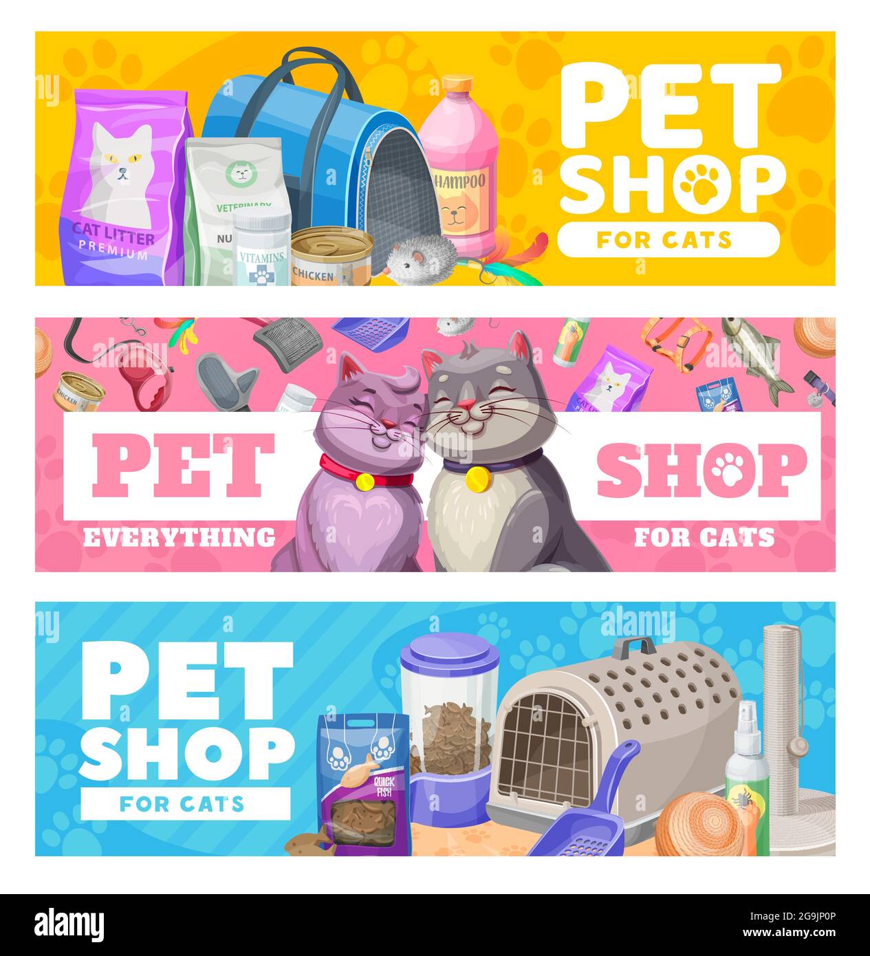 Pet care banners, cat care items and toys. Vector ad promo for zoo shop