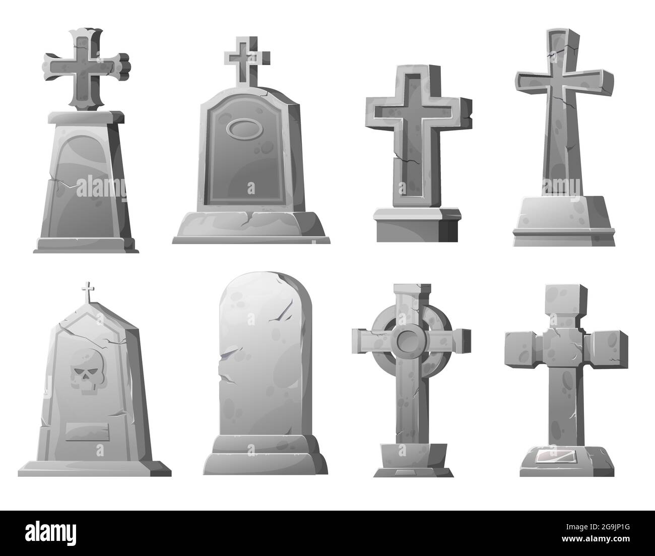 Cartoon stone grave crosses and gravestones, vector cemetery cracked