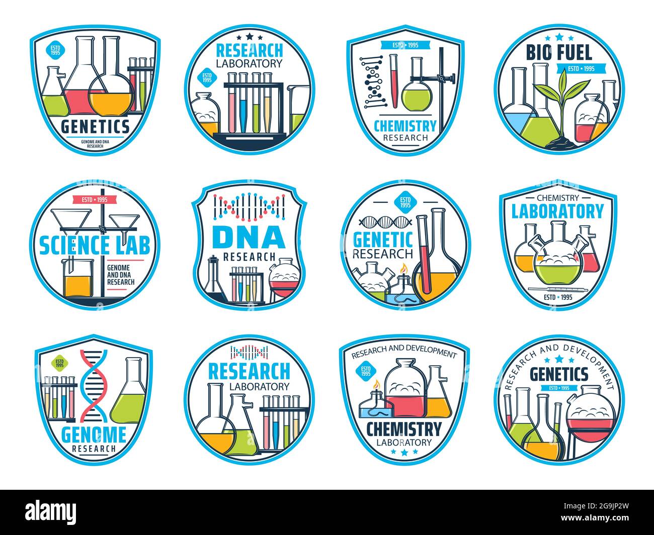 Science, research and chemistry icons. DNA and genetic laboratory ...