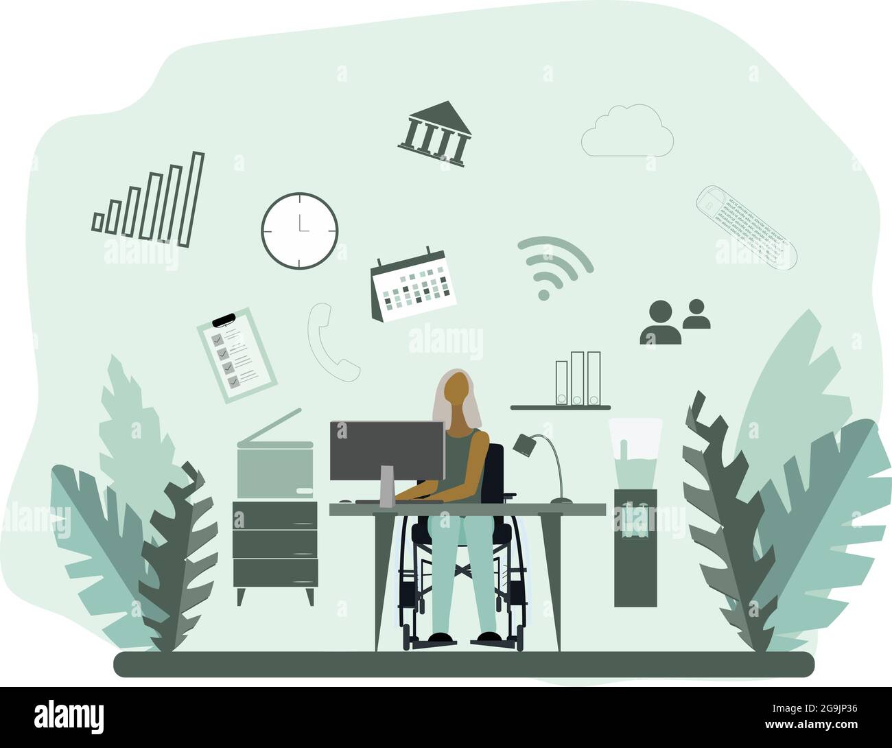 Disabled woman in wheelchair performs many tasks simultaneously in the office. Vector flat illustration Stock Vector