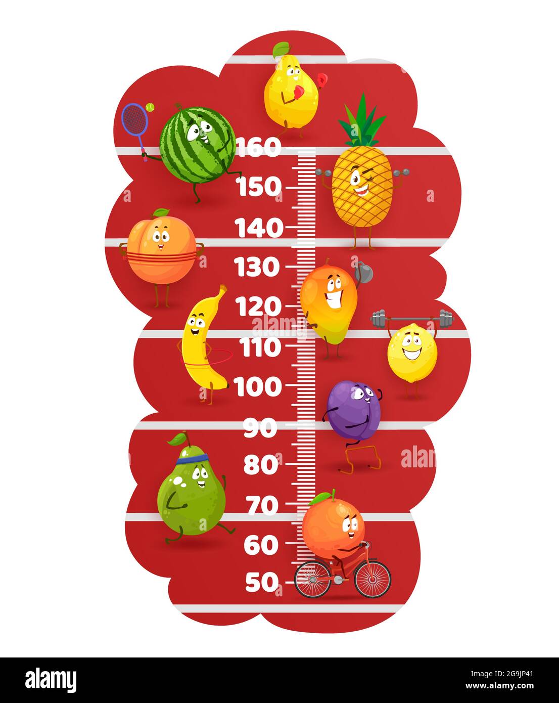 Happy fruits on stadium tracks kids height chart. Vector growth meter