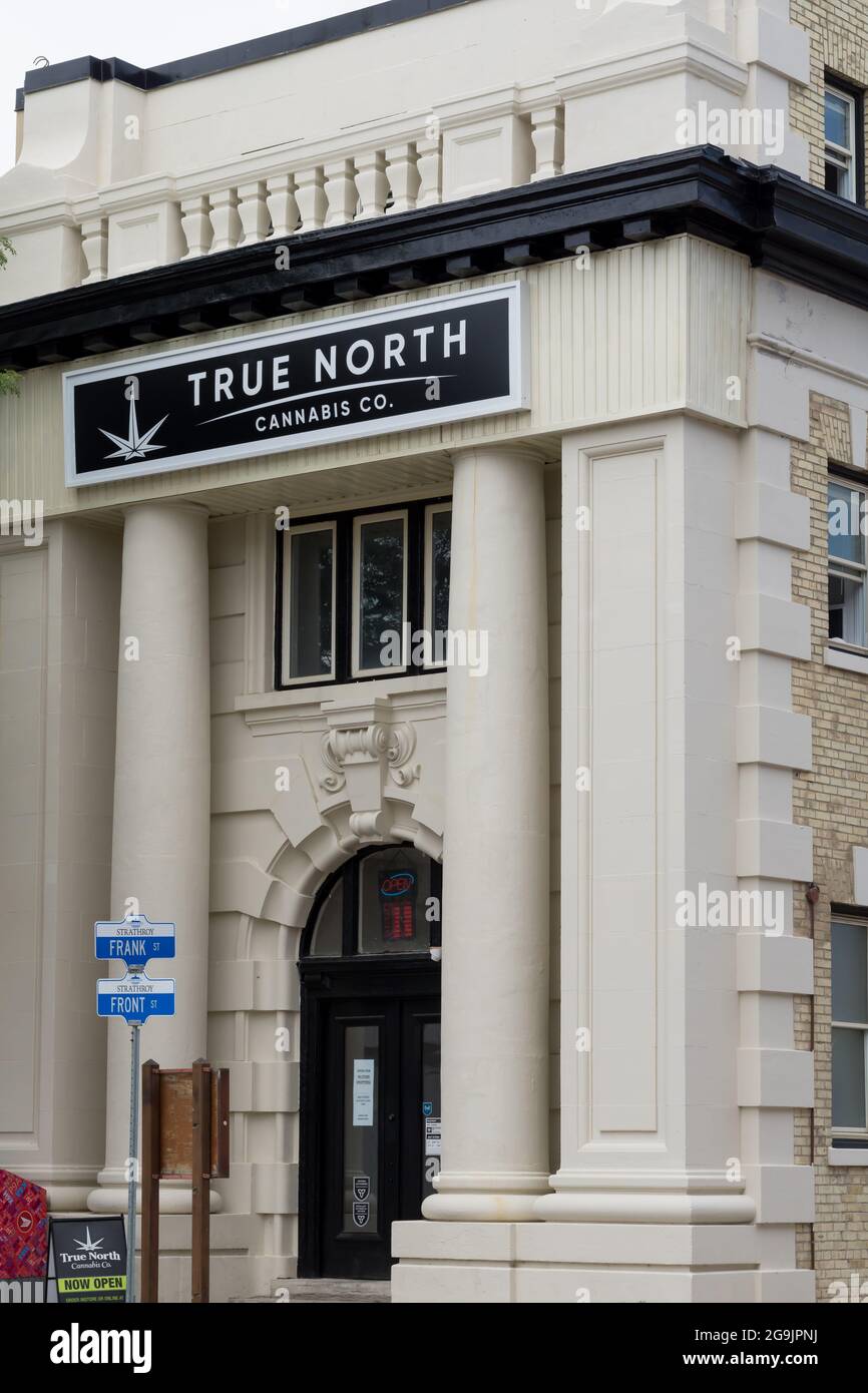 Strathroy, Ontario, Canada - June 28 2021. Store front of the True North Cannabis company, an Ontario, Canada based retail cannabis shop. Stock Photo