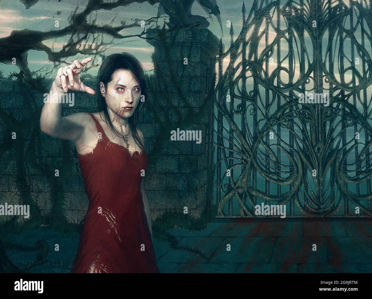 digital illustration of realistic full figure fantasy asian female woman girl character in red dress with spooky horror environment with demon gate an Stock Photo