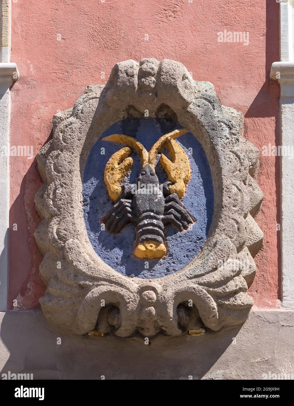 Coat of arms on the historic Haus zum Krebs, built in 1715, Bamberg, Upper Franconia, Bavaria, Germany Stock Photo