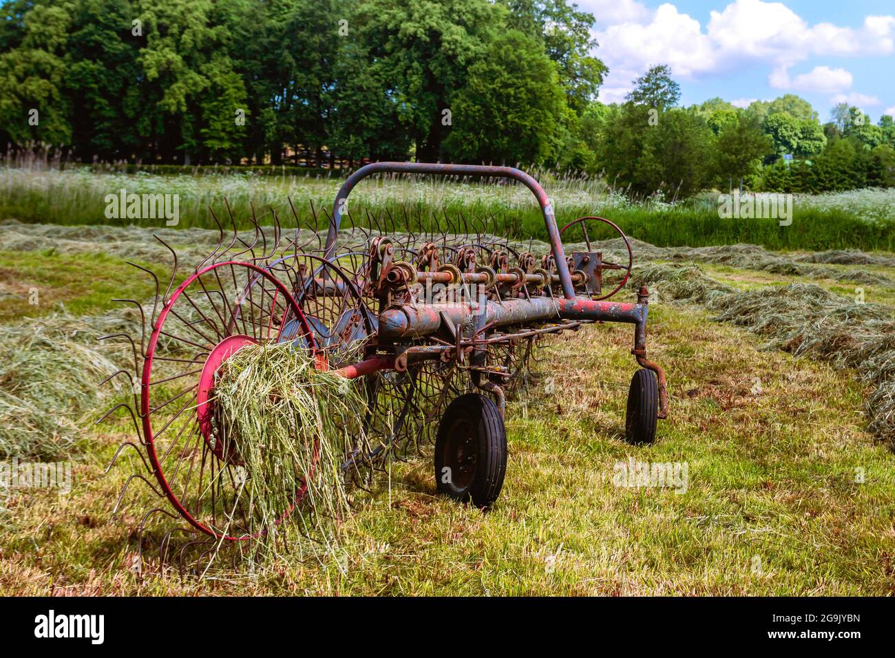 An old hay tedder, red colour, Poland Stock Photo