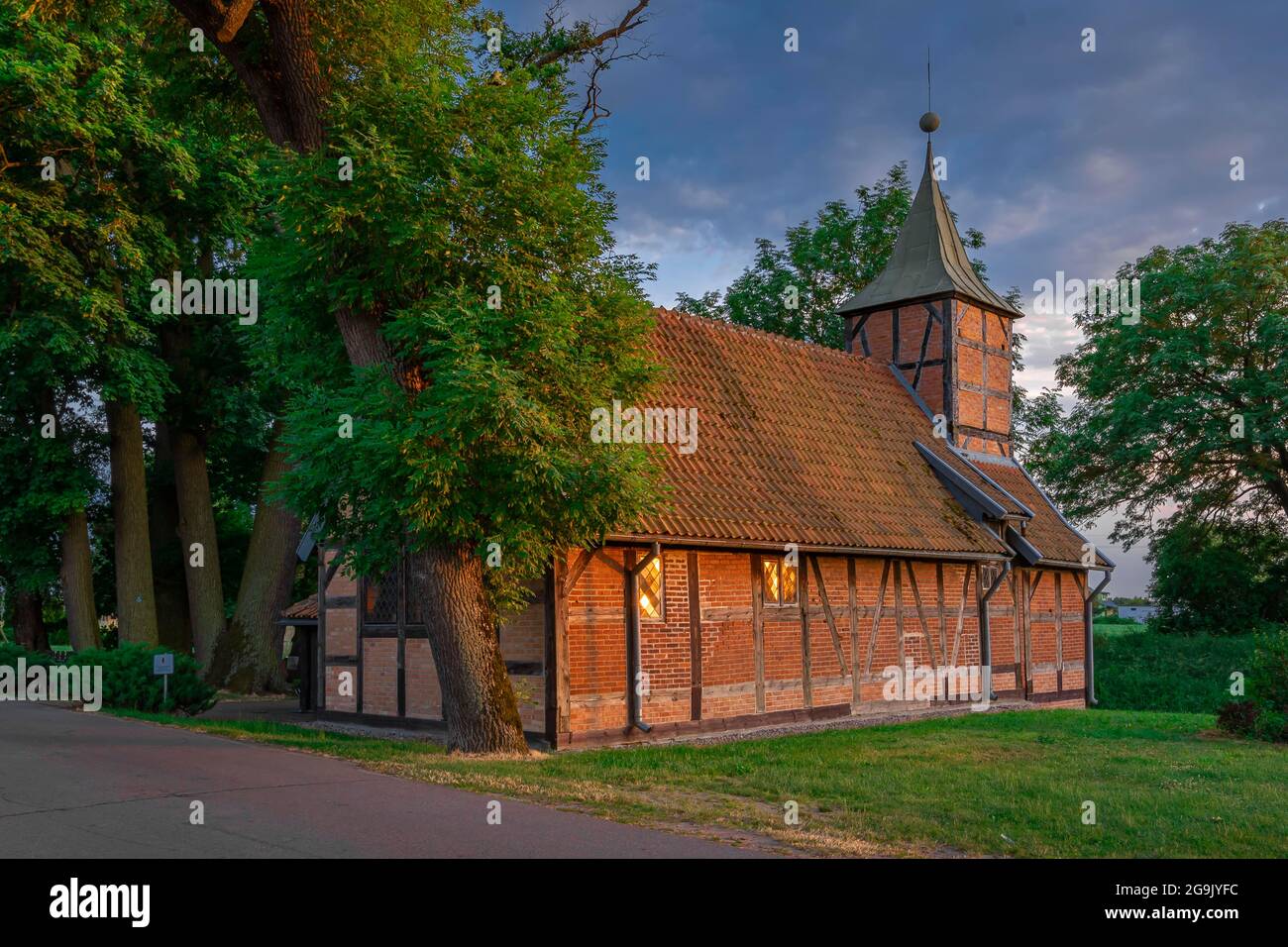 The timber framing bulding. Catholic church in the village of Wroblewo, Sperlingsdorf, Poland Stock Photo
