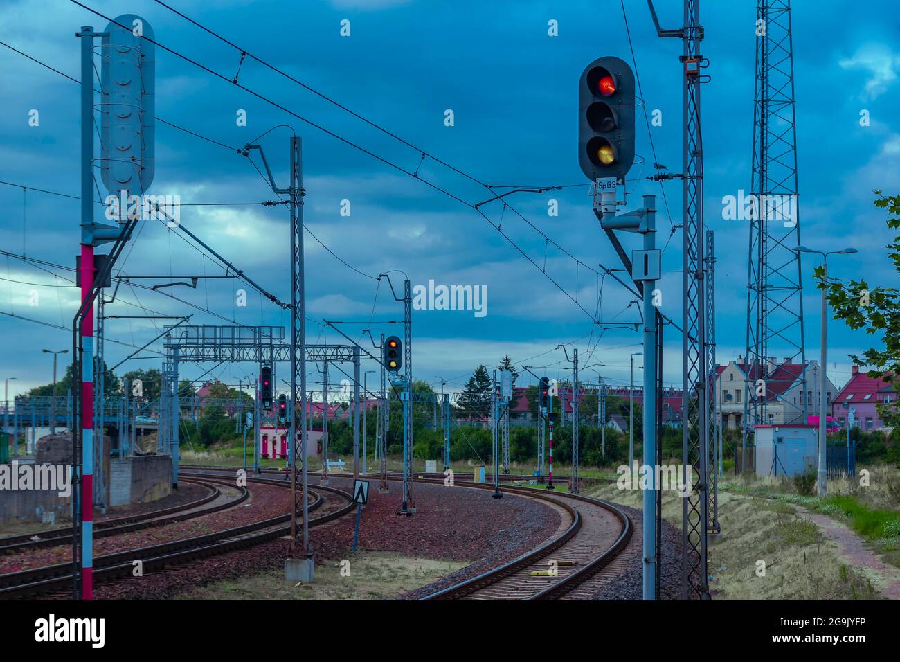 Electric traction and railroad tracks in Tczew, Dirschau, Poland Stock Photo
