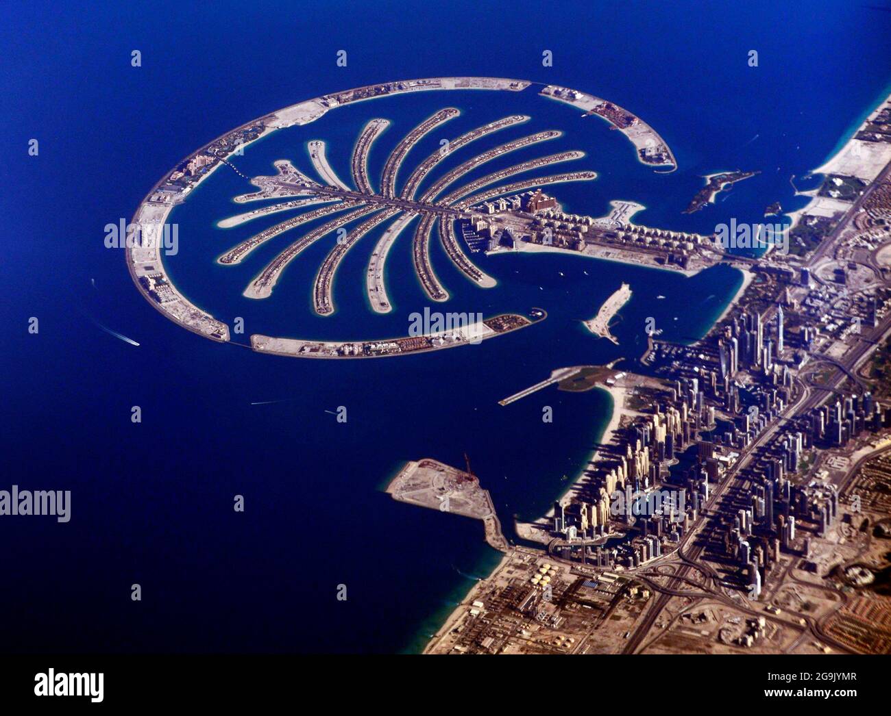 An Aerial view of Dubai's Palm island - The Palm Jumeirah. Stock Photo