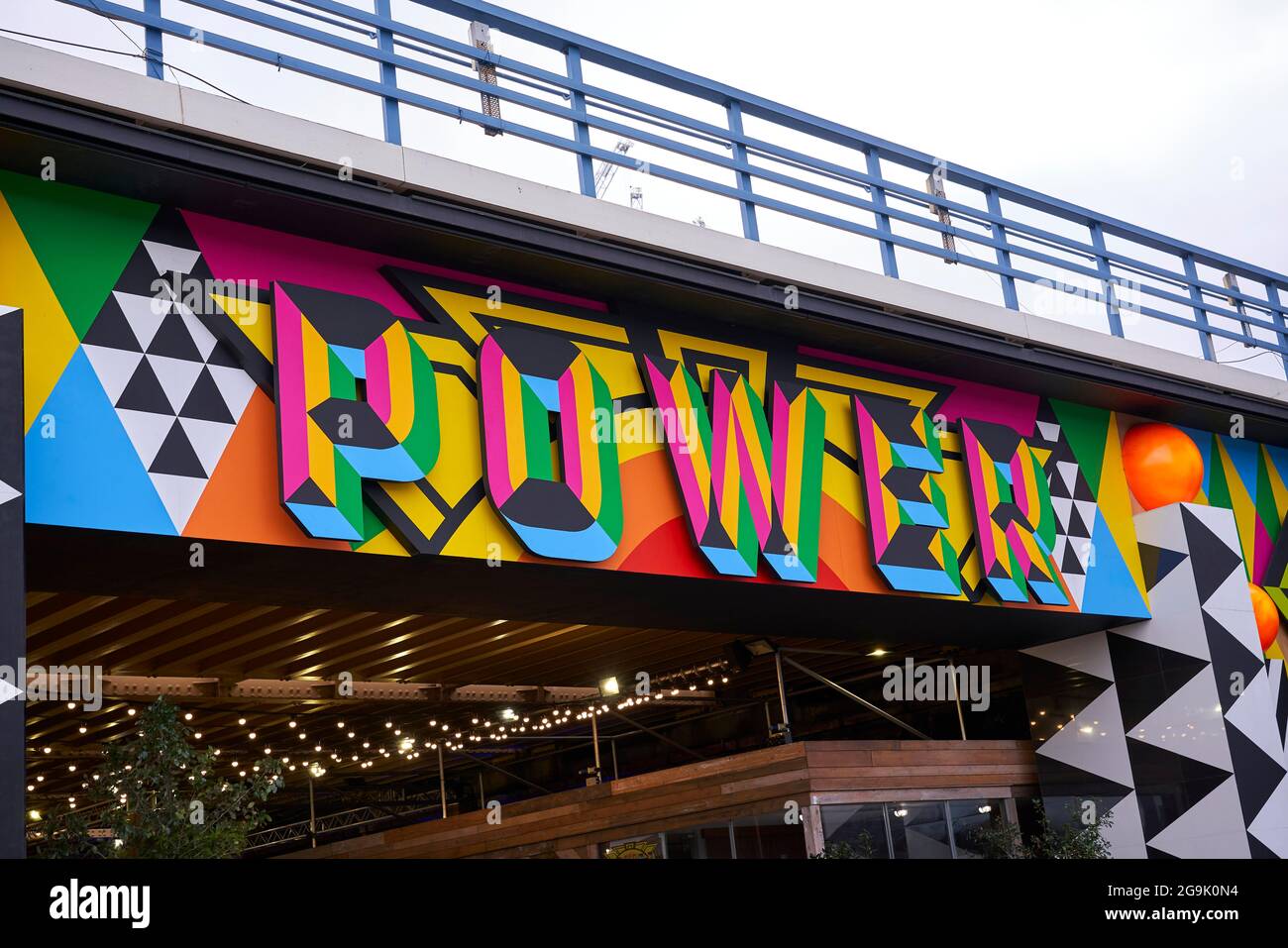 Power lettering colourful on bridge, London, England, Great Britain ...