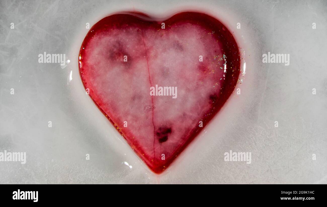 Red heart, frozen in ice melting, bleeding. LOVE! Stock Photo