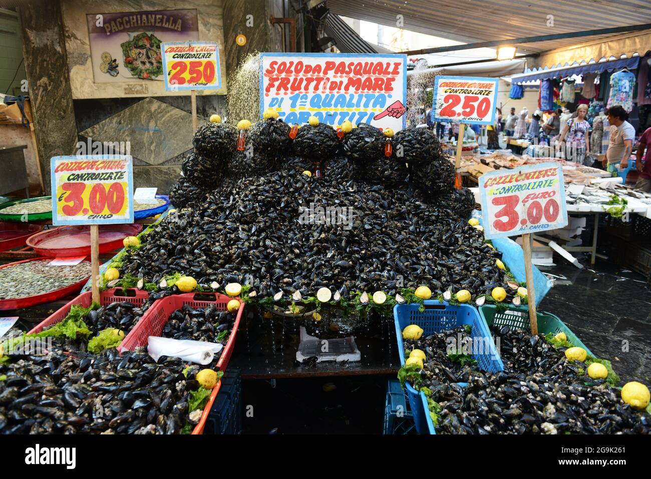 The vibrant seafood market at the Mercatino Antignano in Naples, Italy. Stock Photo