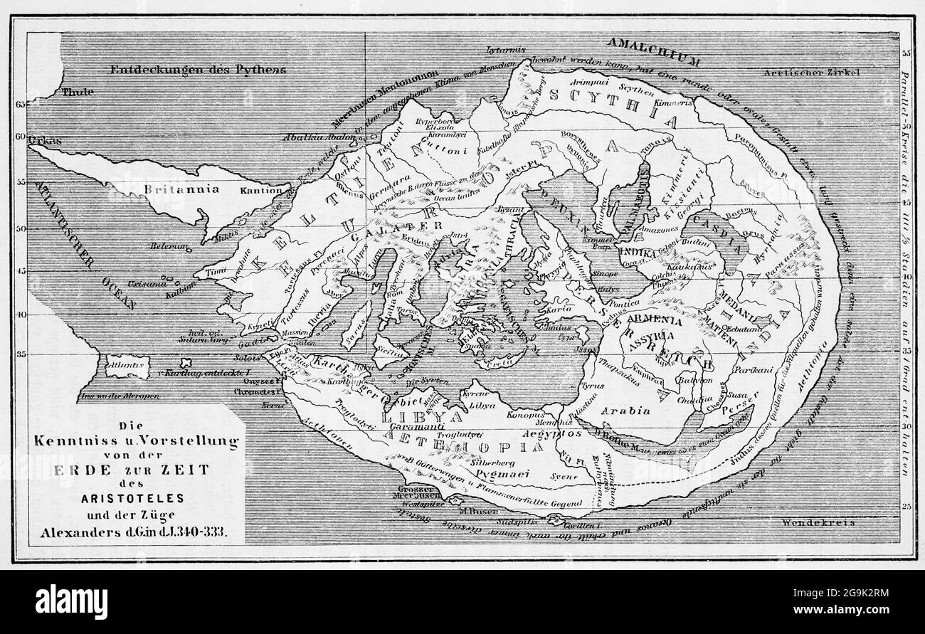 Knowledge and conception of the earth at the time of Aristotle, conquest campaigns (340-333) Alexander the Great, historical world map, illustration Stock Photo
