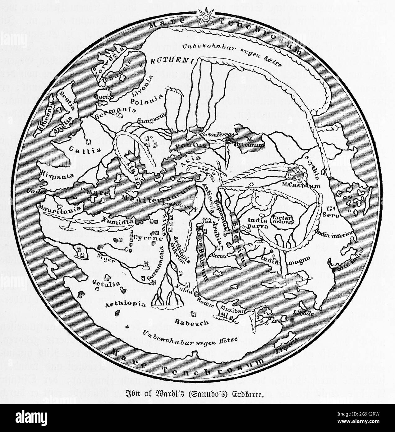 Map of the earth by the Arab historian Ibn al Wardi from the 13th century, historical world map, illustration from 1881 Stock Photo