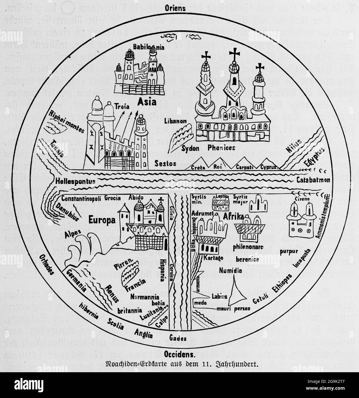 Noachide Earth Map from the 11th century, depicting the Orient and Occident, historical world map, illustration from 1881 Stock Photo