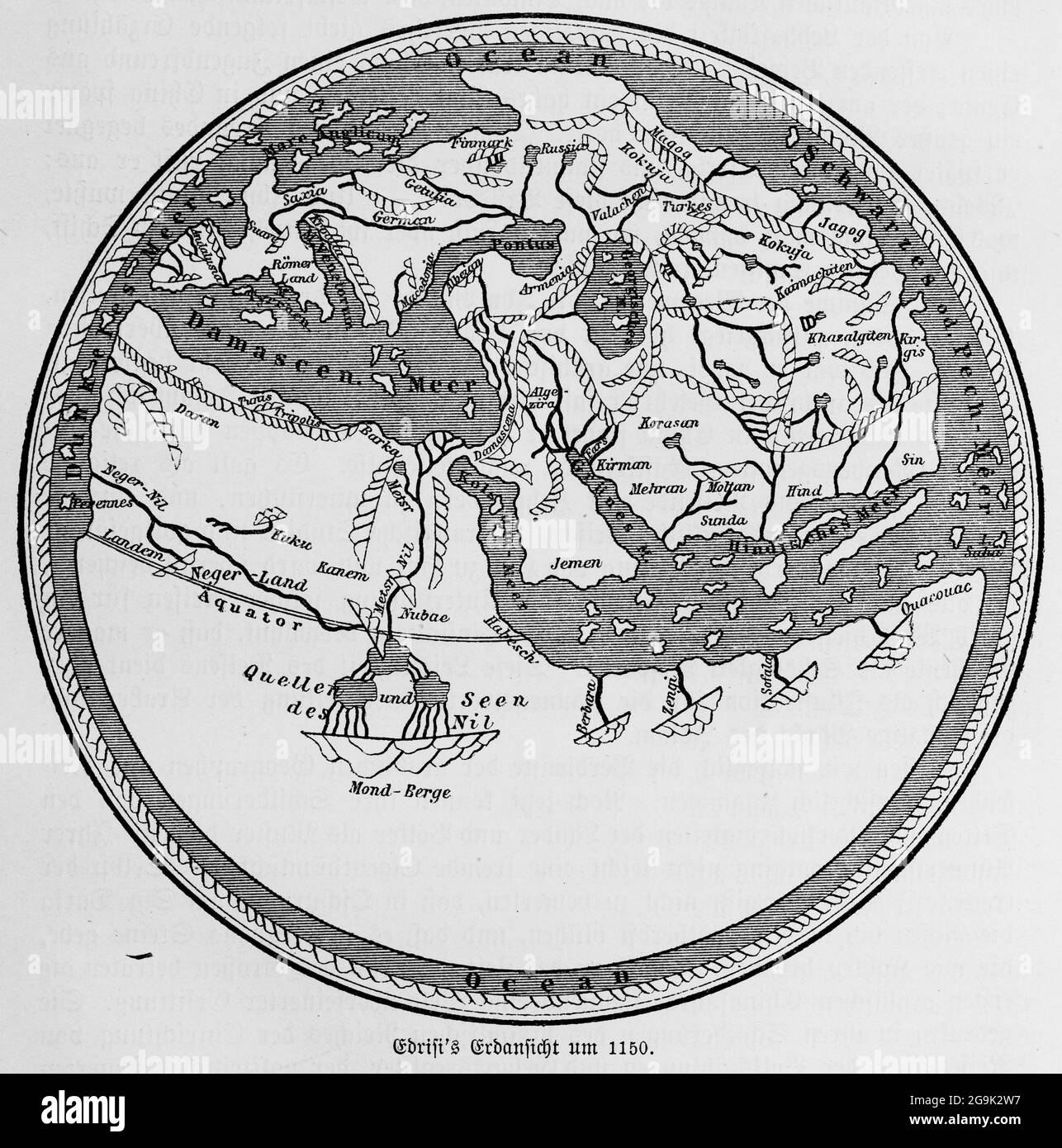 Earth view of the Nubian geographer Edrisi or al-Idrisi from the 12th century, historical world map, illustration from 1881 Stock Photo