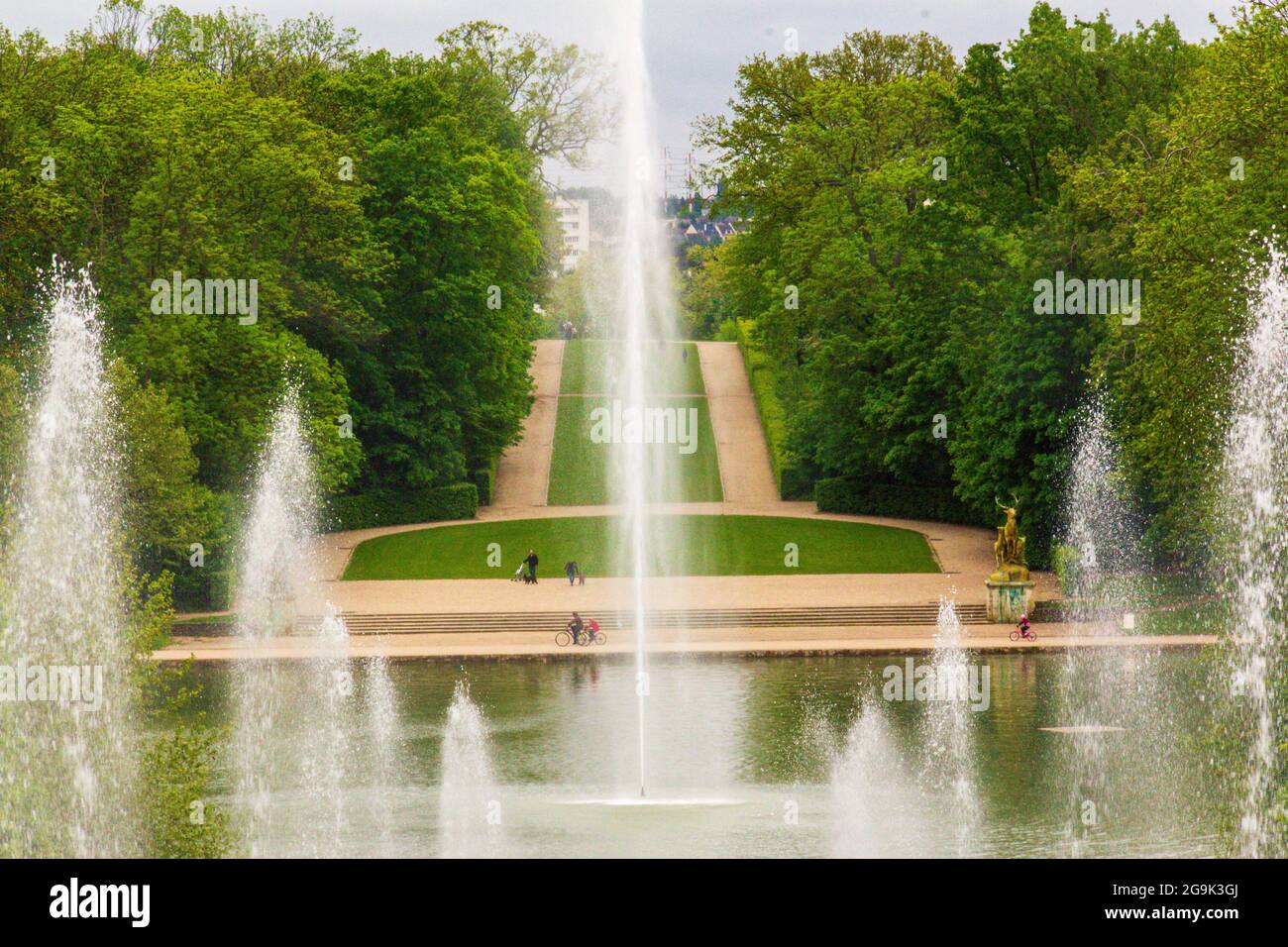 Fountains and water ways in the historic gardens at Sceaux, France Stock Photo