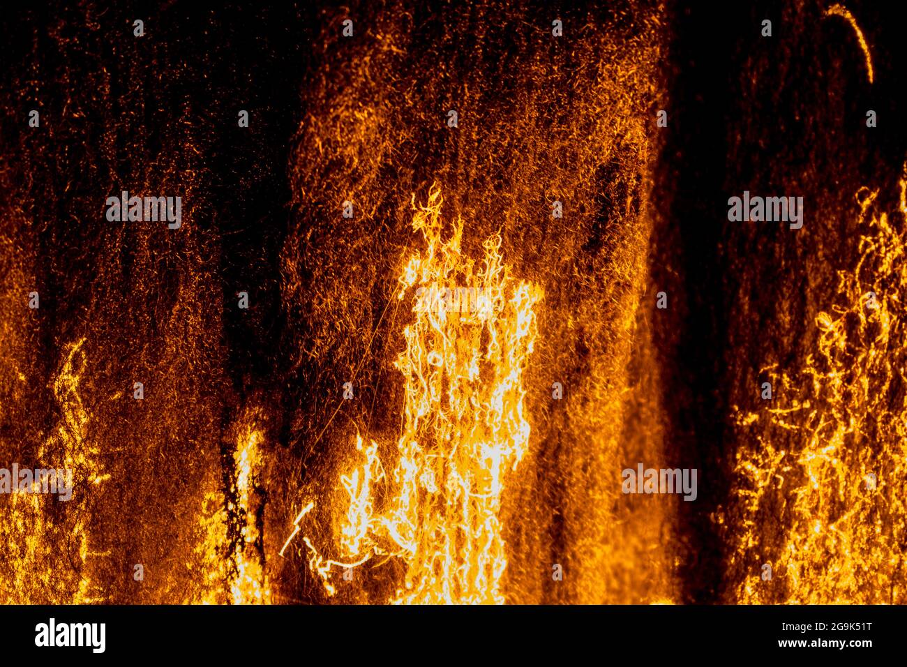 FIRE steel wool filaments burning, oxidizing, smoldering. Resembling