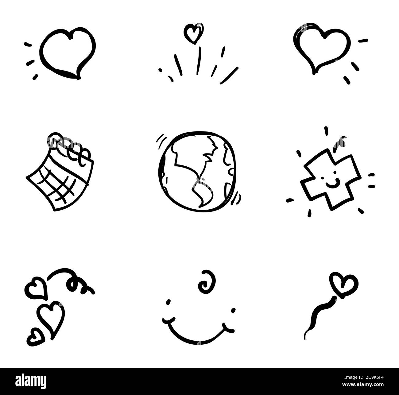 Set of cute doodle drawing: hearts, calendar,cross with smile, happy smiling gesture and planet Earth. Stock Vector