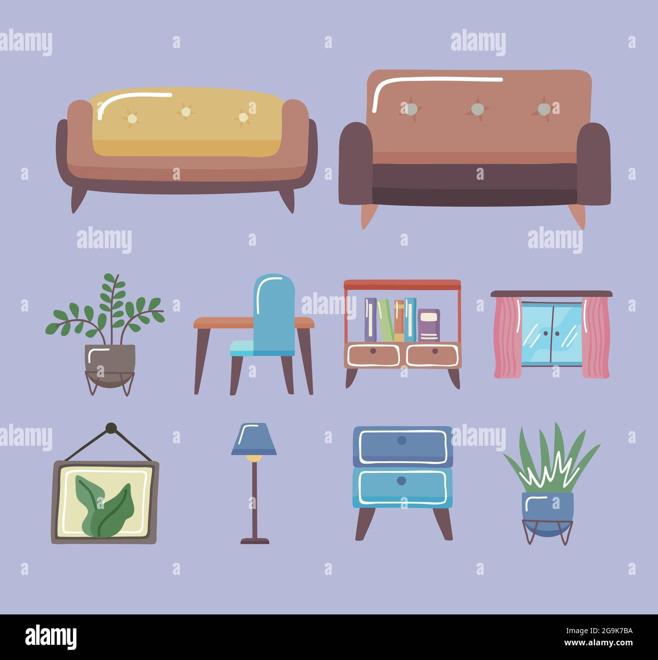 Comfortable couches and home icon set on blue background Stock Vector ...