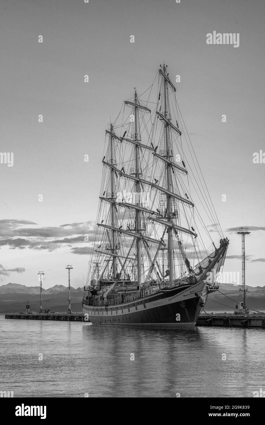 Large sailing ship in the Beagle Channel near Ushuaia, Argentina Stock Photo