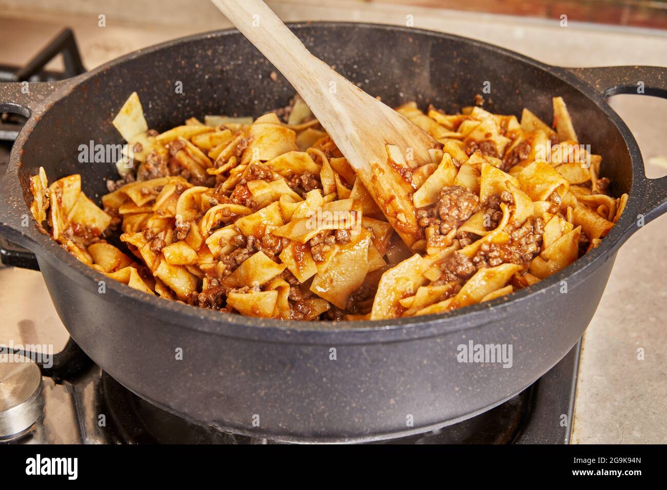 Spaghetti With Ground Beef And Sauce Fried In Pan For Making Spaghetti Bolognese According To Recipe From The Internet Stock Photo Alamy