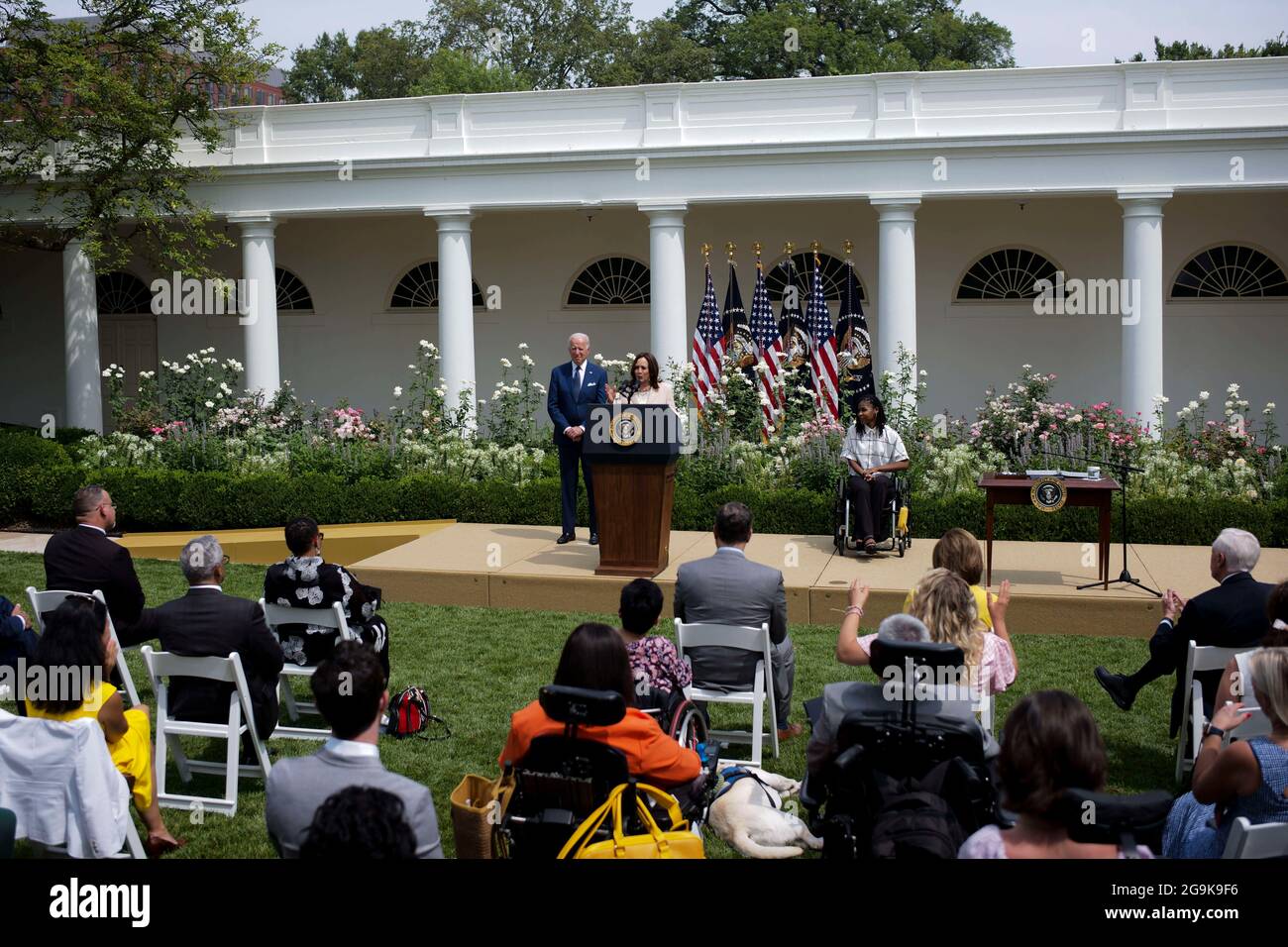 Washington, USA. 26th July, 2021. U.S. President Joe Biden (1st L, Rear) and Vice President Kamala Harris (2nd L, Rear) attend a ceremony celebrating the 31st anniversary of the Americans with Disabilities Act (ADA) at the White House in Washington, DC, the United States, on July 26, 2021. Credit: Ting Shen/Xinhua/Alamy Live News Stock Photo